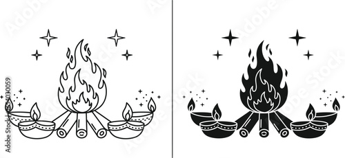 Diwali festival vector design with diya lamps and bonfire art