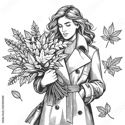 woman in a trench coat holding a bouquet of leafy branches, gazing thoughtfully to the side sketch engraving generative ai fictional character vector illustration. Scratch board. Black and white image