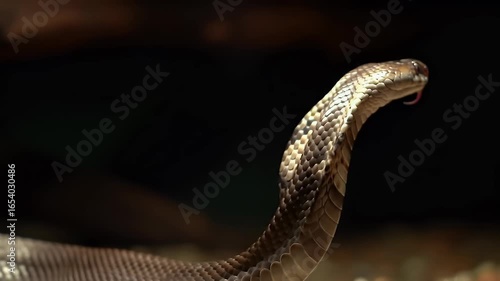 Majestic cobra snake with raised hood and flicking tongue on dark background, ready to strike