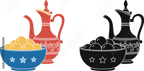 Ramadan kareem iftar meal with dates water and arabic coffee