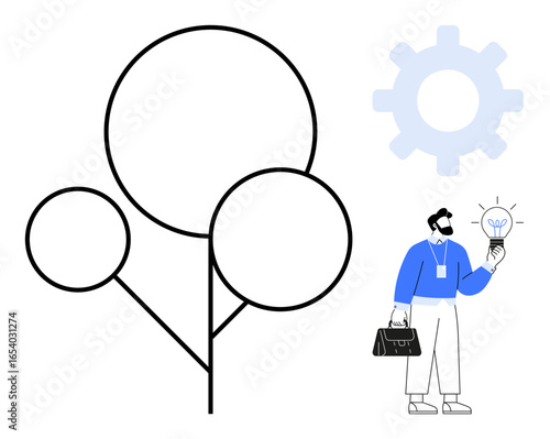 Businessman holding glowing lightbulb near abstract tree with circular branches and gear. Ideal for innovation, entrepreneurship, growth, creativity, business solutions, sustainability, and strategic
