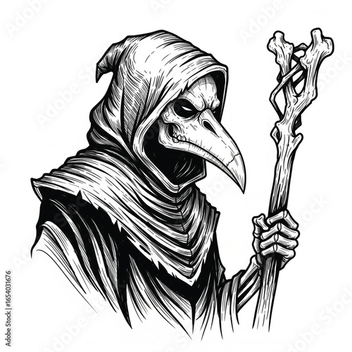 illustration of a witch with a crow mask holding a wand