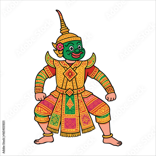 Colorful vector illustration of a traditional Thai Khon masked dancer in an ornate Ramakien-style costume and tall headdress. Green-faced warrior pose with intricate patterns and flat