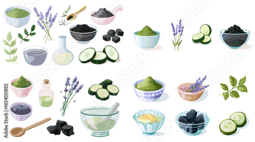 Watercolor illustration of organic skincare ingredients such as cucumber, charcoal, lavender, green tea, and clay mask bowls. Perfect for wellness, herbal beauty, and natural cosmetic product concepts