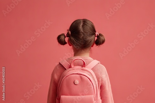 schoolgirl with pink backpack on plain background