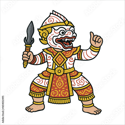 Colorful vector of a traditional Thai Khon monkey warrior (Hanuman) in ornate Ramakien costume, holding a dagger in a dynamic pose