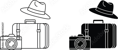Travel suitcase camera and hat icon vector illustration art