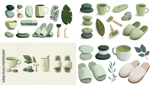 Set of spa accessories including slippers, stones, cups, and leaves in soft green tones. Ideal for wellness, relaxation, natural therapy, or beauty spa product design and branding.
