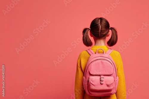 schoolgirl with pink backpack on plain background