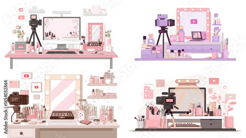 Modern beauty vlogger workspace with camera, lights, cosmetics, and computer in pink pastel style. Perfect for YouTube creator, influencer, or makeup tutorial design and illustration.