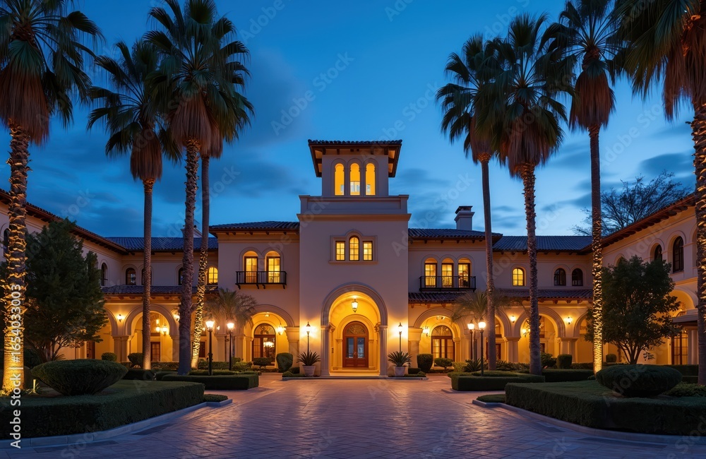 Fototapeta premium Luxurious resort entrance at twilight. Grand Mediterranean architecture with palm trees lining the driveway. Illuminated building facade evokes elegance and relaxation, perfect for vacation travel.