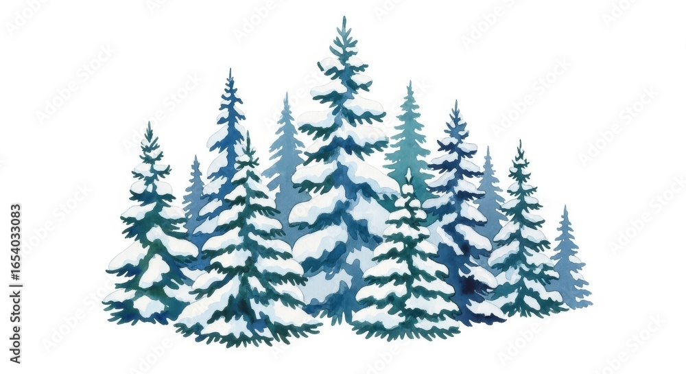 Obraz premium Snowladen evergreens against a white backdrop