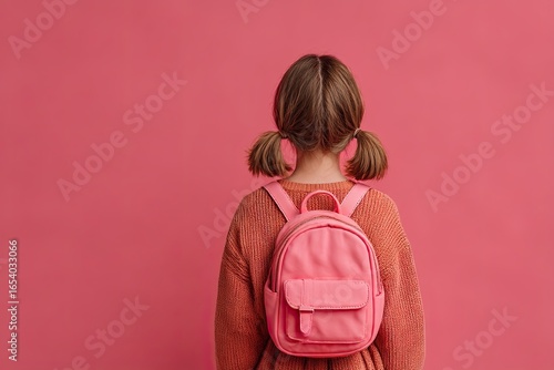 schoolgirl with pink backpack on plain background