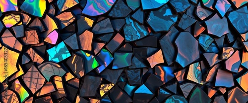Dark, iridescent mother-of-pearl fragments form an abstract mosaic, shimmering with deep, shadowy hues,  tiles,  close up
