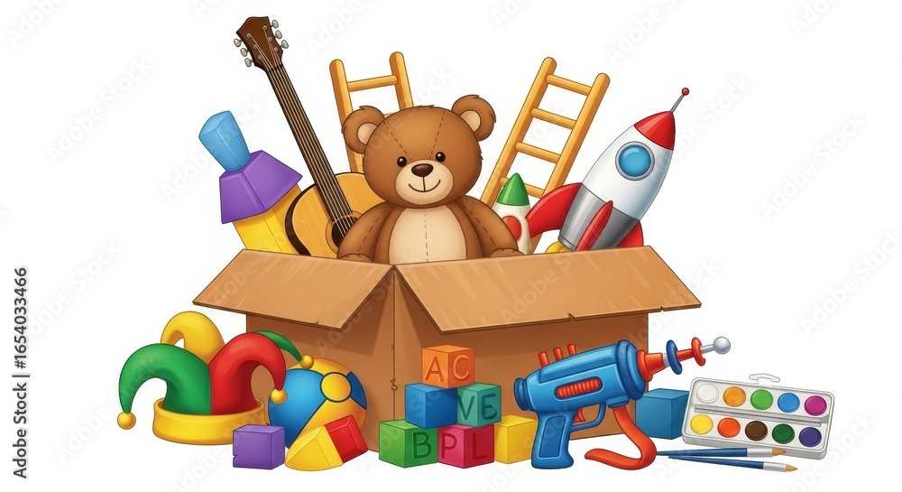 Obraz premium Toys overflow from cardboard container