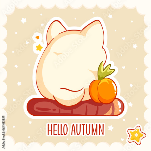 Hello autumn. Season fall card with little kitty in kawaii style. Tiny baby cat with pumpkin. Can be used for t-shirt print, sticker, greeting card. Vector illustration EPS8