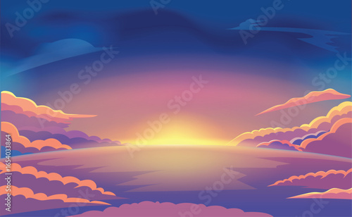  A peaceful, colorful vector illustration of a sunrise over a soft, cloud-filled horizon