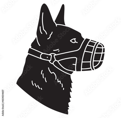 Silhouette illustration of a german shepherd dog head wearing a protective muzzle