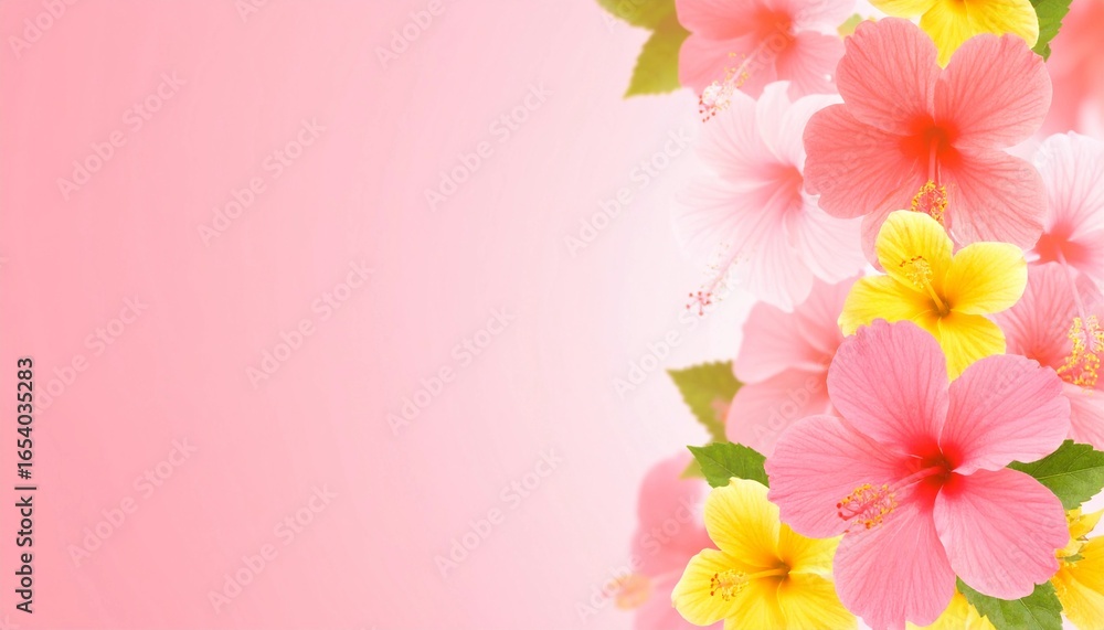 Obraz premium ハイビスカス ピンク 花 黄色 植物 南国 夏 優しい 柔らかい パステルカラー 葉 グラデーション 壁紙 背景 明るい 華やか 飾り 可愛い 癒し