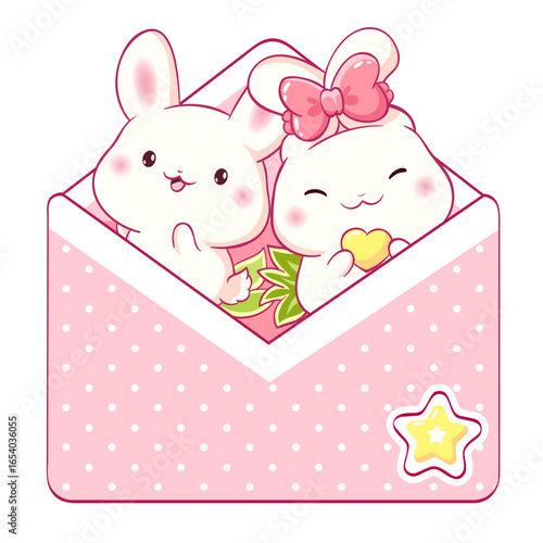 Square card in kawaii style with cute rabbit in envelope. Two little bunny in open letter. Can be used for t-shirt print, sticker, badge, greeting card. Vector illustration EPS8
