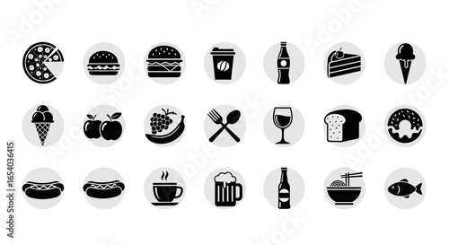 Collection of Food and Drink Icons in Black and White