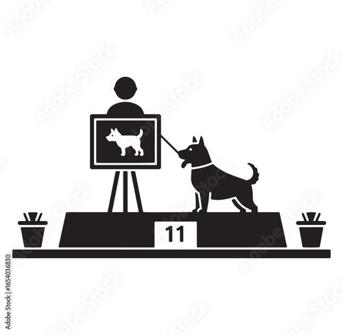 Simple black and white illustration of a dog performing at a dog show competition