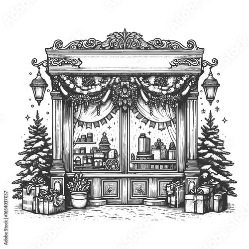 shop decorated for Christmas, featuring wreaths, reindeer figures, garlands, and wrapped gifts outside sketch engraving generative ai vector illustration. Scratch board. Black and white image.