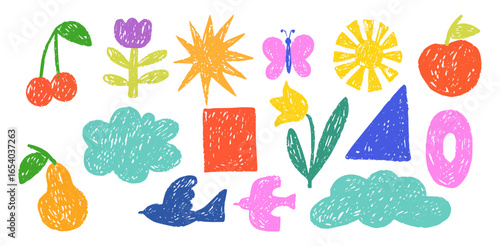 Set of Hand Drawn Colorful Charcoal Doodle Shapes