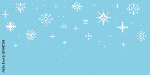 Pixel snowflake border winter falling snow retro pixilated 8 bit game stamp. Y2k snow divider, minimal and simple. Holiday flake ornament. Simple crystal ornament