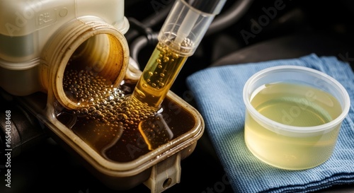 Automotive brake fluid replacement showcasing transparent containers and dark fluid oxidation