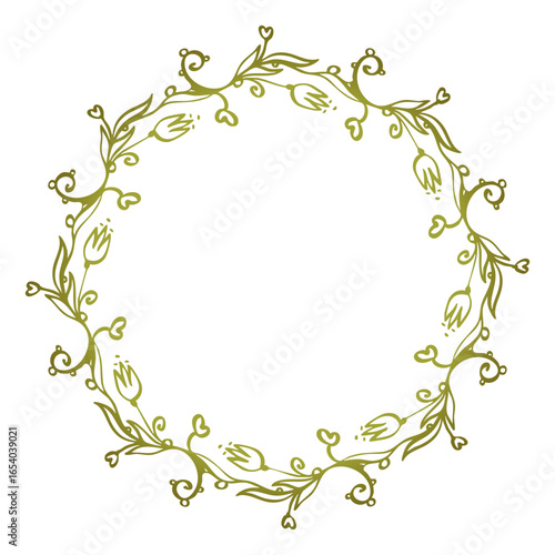 Green vector wreath with hearts and flowers on the branches. Round, simple style, doodle.
