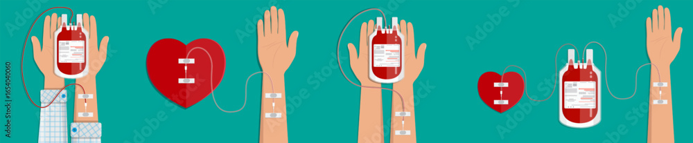 Obraz premium Man donate blood for transfusion and woman holds blood bags. Medical donation concept for World Blood Donor Day.