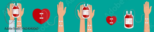 Man donate blood for transfusion and woman holds blood bags. Medical donation concept for World Blood Donor Day.