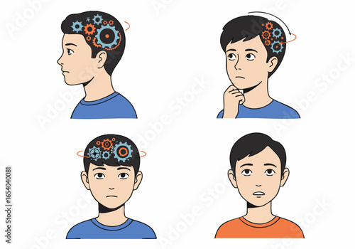 Stages of human thought: from active thinking and deep contemplation to mental block and a blank mind, illustrating cognitive processes.