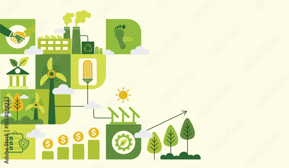 Fototapeta premium Sustainable development and green investment concept with icons. Green business, finance and investment for sustainability to reduce carbon emission. ESG for business and organization, Eco friendly.