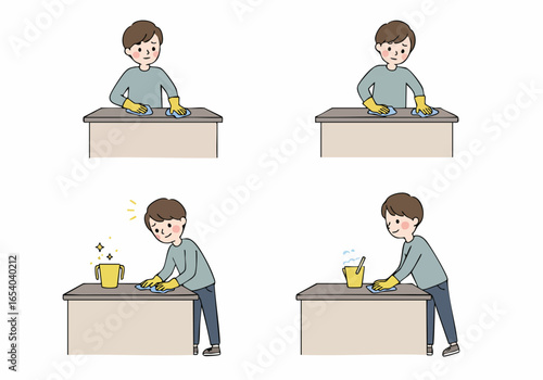 A man cleaning a table surface with gloves and a cloth, illustrating the process of household tidying and maintenance.
