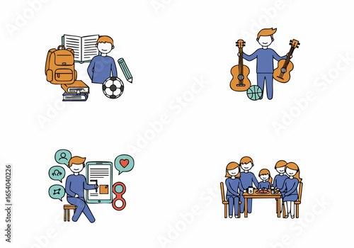 Illustration of Modern Life Aspects: Learning, Music, Social Media, and Family Moments