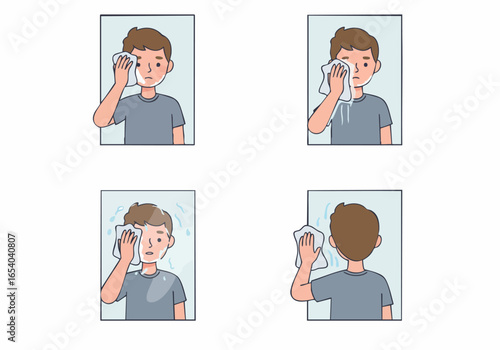 A young man cleans his face with a towel and then wipes the bathroom mirror, illustrating daily hygiene and cleaning routine.