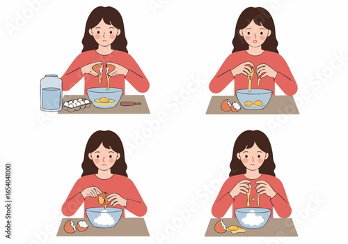Woman's Humorous Attempts at Cracking Eggs in the Kitchen: A Mix of Success and Messy Mistakes in Baking Preparation.