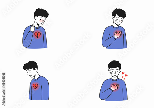 Young man experiences emotional pain, heartbreak, and sadness with illustrated broken heart and chest discomfort.