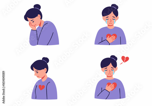 Illustrations of a woman experiencing sadness and heartbreak, showing emotional pain, crying, and symbols of a broken heart.