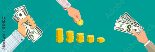 Man hand holding different types of money, coins and banknotes. Set of business financial concept designs for budget planning.