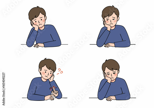 Illustrations of a man looking bored, sad, or contemplative, resting head on hand, depicting various states of low mood and waiting.