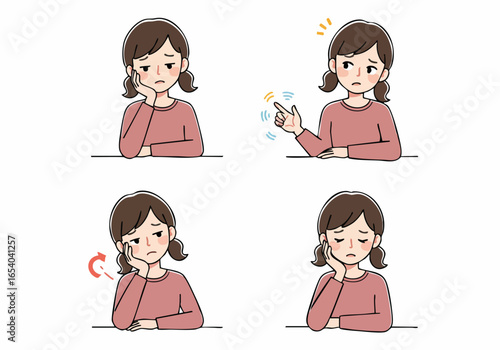 A troubled young woman's emotional journey through sadness, confusion, and deep thought, illustrated in four different poses.
