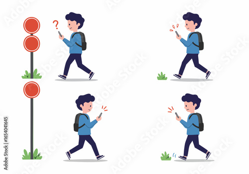 A person distracted by their smartphone while walking, illustrating the dangers of digital over-absorption and lack of awareness in public spaces.