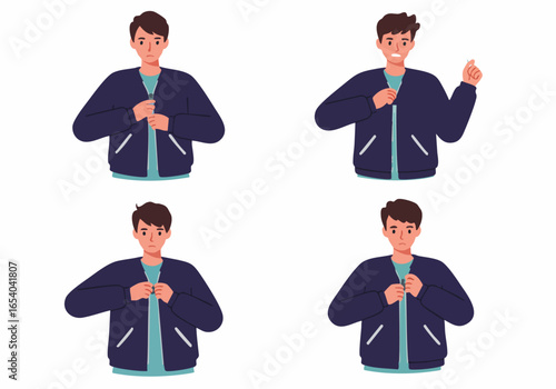 Illustrated sequence of a young man struggling with or adjusting his jacket zipper, showing various emotions.