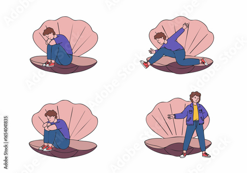 Personal Growth Journey: From Isolation to Empowerment, an Individual Emerges from a Seashell, Symbolizing Overcoming Challenges.