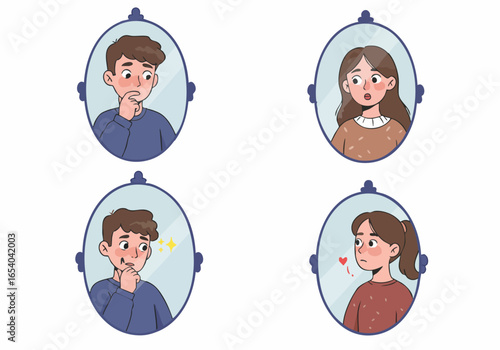Reflections of Emotions: Young Adults Experiencing Blushing, Surprise, and Concern in Decorative Mirror Illustrations