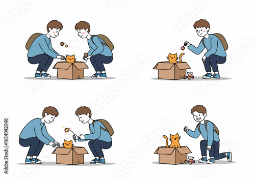 Joyful illustration of a young person adopting and playing with a happy ginger cat in a cardboard box, symbolizing new beginnings and pet care.