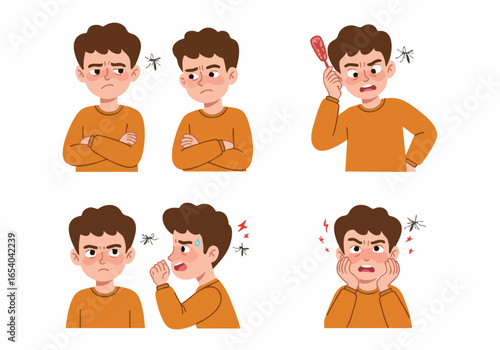 Man Annoyed by Mosquitoes: Character Reactions to Insect Bites, Itching, and Swatting, Illustrating Discomfort, Redness, and Pest Frustration.